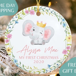 Baby&#39;s First Christmas Elephant Ornament for Girl - Custom Elephant Baby Christmas Gift for New Baby - 1st Christmas with Name 2024 K-104