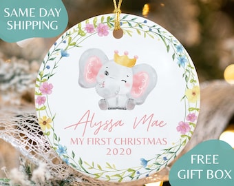 Baby's First Christmas Elephant Ornament for Girl - Custom Elephant Baby Christmas Gift for New Baby - 1st Christmas with Name 2024 K-104