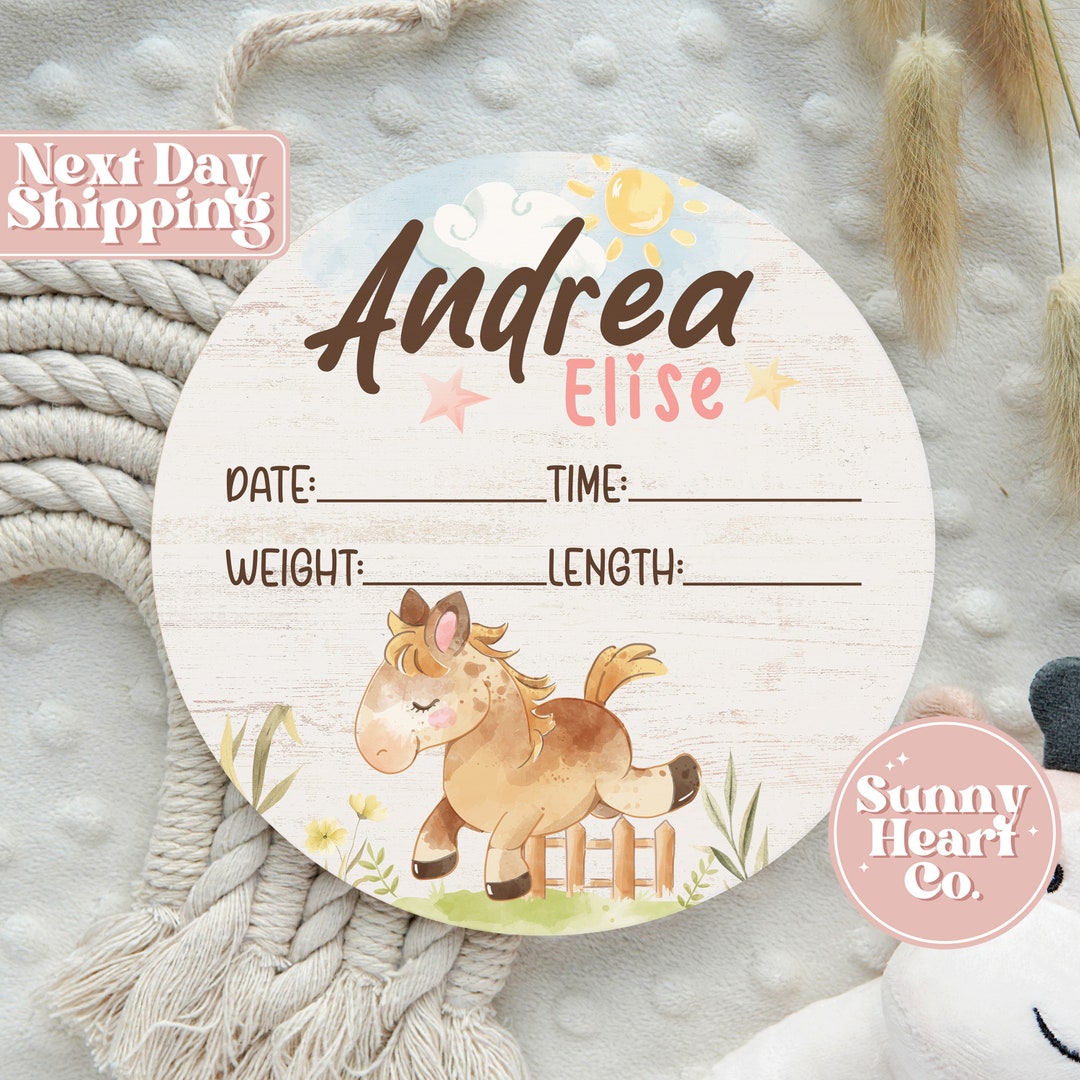 Personalized Horse Round Wood Baby Girl Birth Stat Sign Nursery Decor Equestrian Theme Birth