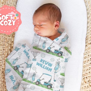 Golf Baby Boy Swaddle - Golf Newborn Baby Swaddle With Name - Sports Nursery Theme - Baby Wrap S-343