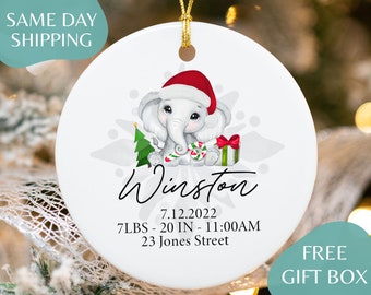 Baby’s First Christmas Ornament - Personalized Elephant First Christmas Ornament - Custom Baby Stats Ornament - Baby Ornament K-139