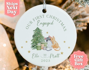 Our First Christmas Engaged - Personalized Engagement Ornament - Cute Cat Marriage Proposal Ornament - Engaged Ornament 2024 OR-0256