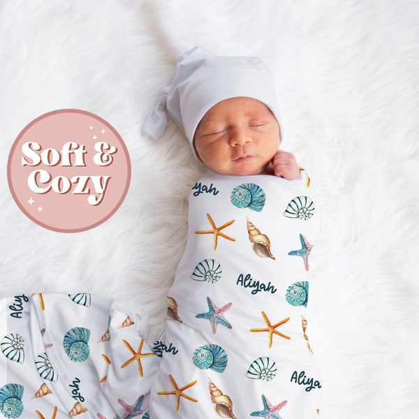 Cute Seashells and Starfish Custom Baby Girl Swaddle - Sea Creatures Baby Blanket - Newborn Baby Gift S-164