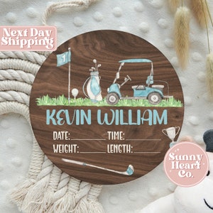 Golf Baby Boy Birth Announcement Stat Sign - Newborn Round Name Sign - Personalized Wooden Birth Stat Sign BS-285