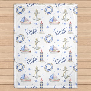 Custom Nautical Name Blanket, Personalized Sailboat Swaddle, New Mom Gift, Newborn Gift, Sailor Baby Shower Gift RB-293