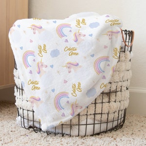 Unicorn Baby Girl Blanket - Rainbows Newborn Blanket With Name - Unicorn Nursery Theme - Boho Baby Blanket S-226