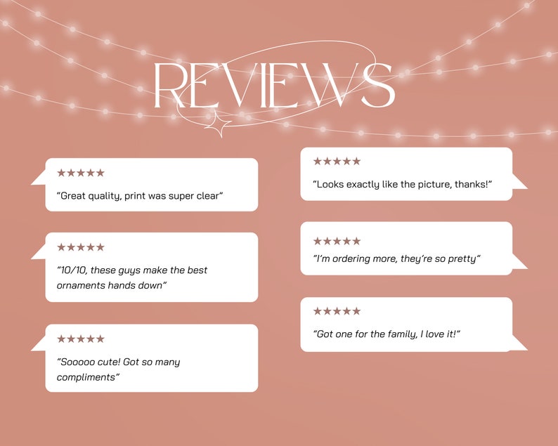 May include: A collection of customer reviews for a product, with five-star ratings and positive comments. The reviews highlight the product's quality, appearance, and customer satisfaction.