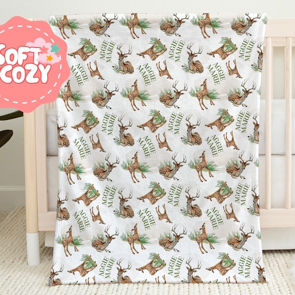 Buck Deer Baby Boy Blanket - Deer Hunting Newborn Blanket With Name - Deer Nursery Theme - Boho Baby Blanket S-301