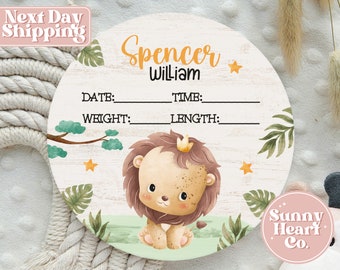 Personalized Round Wood Birth Stat Sign Lion Nursery Room Decor - Lion Theme Birth Announcement - Baby Room Decor BS-009
