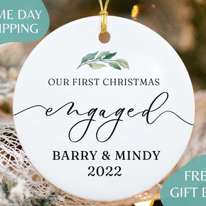 Engaged Christmas Ornament - Custom Greenery Engagement Keepsake - Personalized First Christmas Engaged - Classic Engaged Ornament K-008