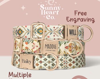 Floral Dog Collar, Personalized Pet Collar With Name Tag, Adjustable Pet Collar For Dogs, Custom Dog Collar With Metal Buckle(Z-59)