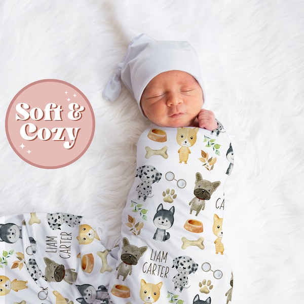 Cute Dogs Custom Baby Boy Swaddle - Puppy Baby Blanket - New Mom Dog Lover Gift - Newborn Hospital Outfit S-167