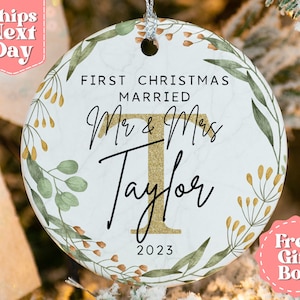 Personalized First Christmas Married Ornament - Custom First Christmas as Mr. & Mrs. Keepsake - Circle Wreath with Initial Ornament OR-0076