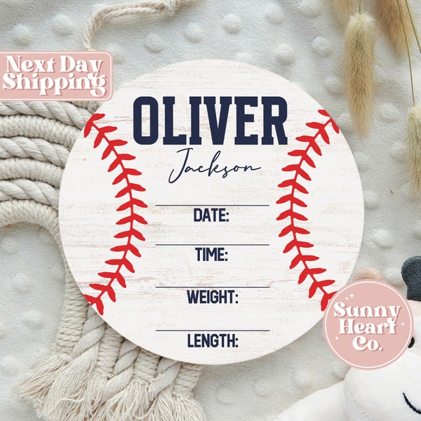Baseball Sports Baby Birth Announcement Stat Sign - Newborn Round Name Sign - Personalized Wooden Birth Stat Sign Gift BS-481