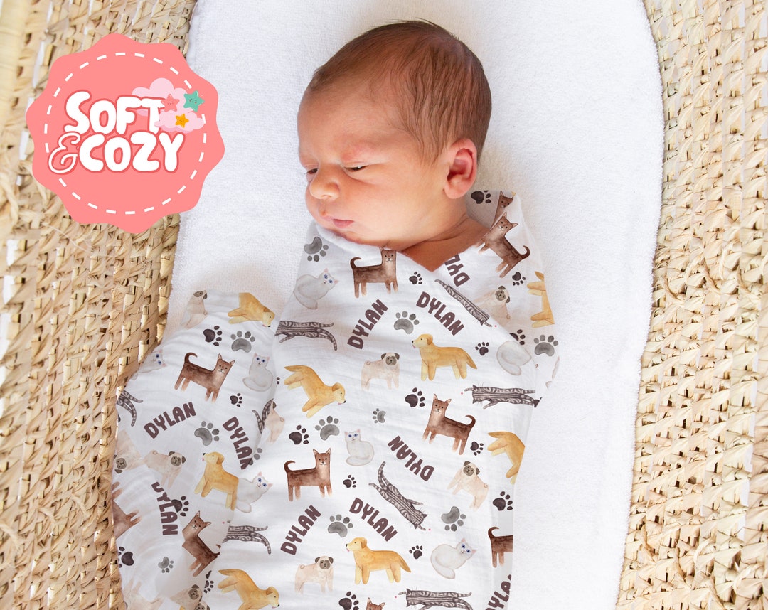 Dog Paw Prints Baby Boy, Girl Swaddle Dog Swaddle With Name for Newborn Dog Nursery Theme Baby