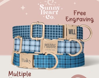 May include: Three blue plaid dog collars with gold-colored hardware. Each collar has a name engraved on the buckle: "Bailey", "Maddie", and "Will". The image includes the text "Sunny Heart Co.", "Free Engraving", and "Multiple Designs".