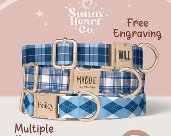 May include: Three dog collars with blue plaid and diamond patterns. Each collar has a gold-colored buckle and a name tag with a name and phone number. The image also includes the text "Free Engraving" and "Multiple Designs."