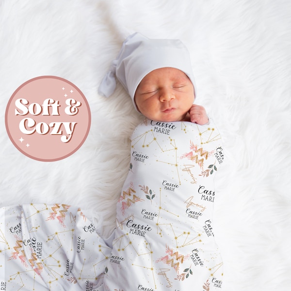 Aquarius Zodiac, Astrology Custom Baby Girl Swaddle - January, February Born Baby - Hospital Outfit - Newborn Baby Shower Gift S-154