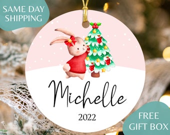 Girls Christmas Ornament - Personalized Bunny Christmas Ornament - Custom Kids Christmas Ornament R-053