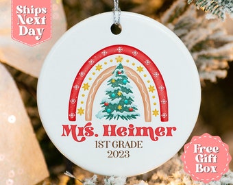 Teacher Name Christmas Ornament - Personalized Rainbow Ornaments - Custom Christmas Ornaments - Teacher Gift, Teacher Gift Box OR-0448