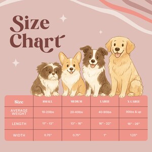 The image is a size chart for dogs, showing the average weight and height for different dog breeds.