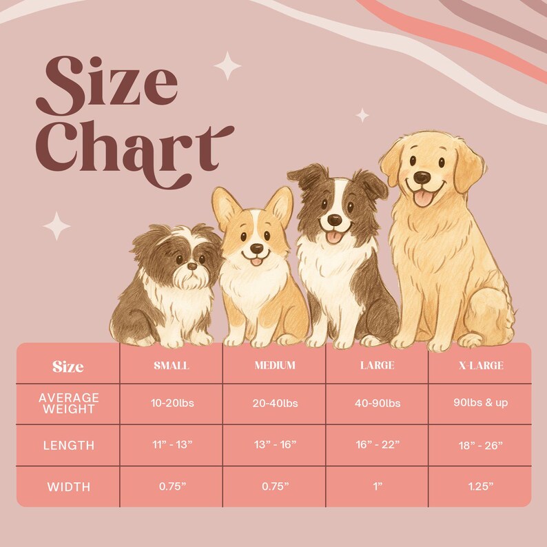 The image is a size chart for dogs, showing the average weight and height for different dog breeds.