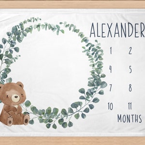 Bear Milestone Blanket, Woodland Blanket, Personalized Greenery Baby Boy Month Blanket, Newborn Gift, Woodland Baby Shower Gift RB-274