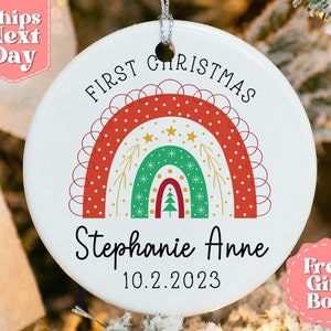Baby&#39;s First Christmas Name Ornament - Personalized Rainbow First Christmas Ornament - Custom Baby Holiday Ornament OR-0036