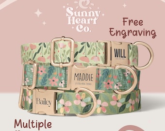 May include: Three floral patterned dog collars with gold-colored hardware. Each collar is engraved with a name and phone number. The collars are green with pink and white flowers. The image also includes the text "Free Engraving" and "Multiple Designs."