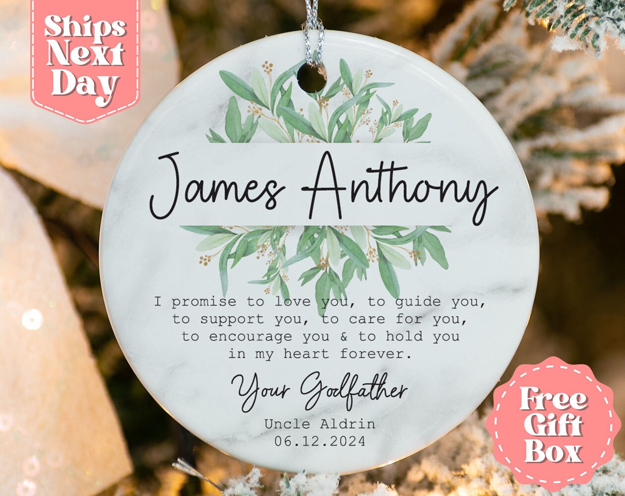 Personalized Godfather Ornament - Godfather Keepsake - Christening Baptism Godfather Ornament - Floral Wreath Keepsake Ornament OR-0098