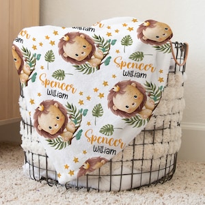 Lion Baby Boy, Girl Blanket - Safari Animal Baby Blanket With Name - Lion Nursery Theme - Custom Boho Baby Blanket S-205