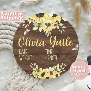 Sunflower Baby Girl Birth Announcement Stat Sign - Newborn Flower Round Name Sign - Personalized Wooden Birth Stat Sign Gift BS-397