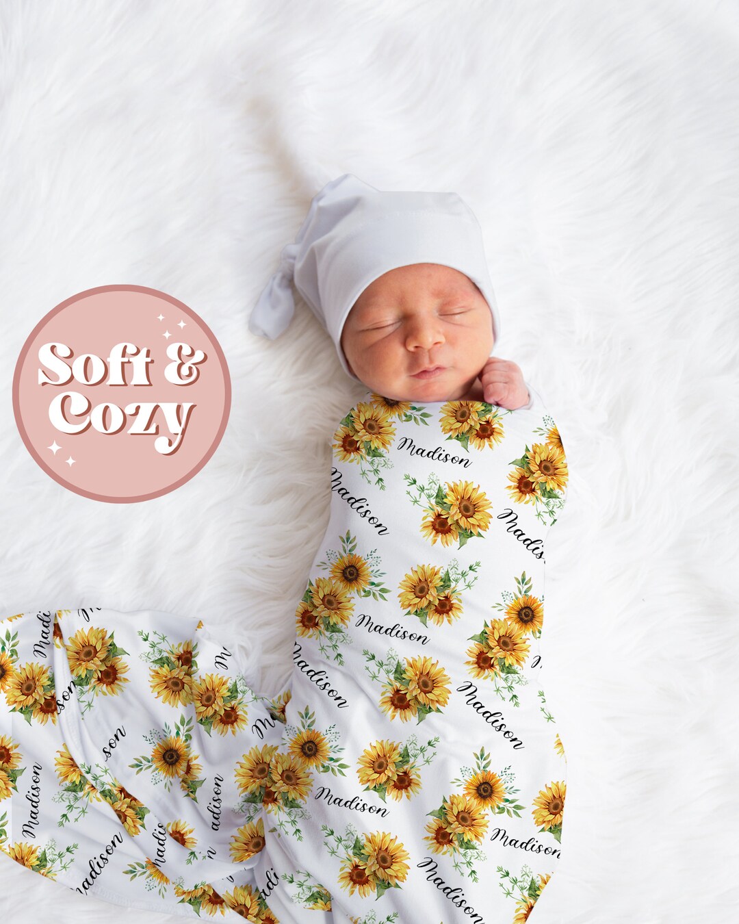Sunflower Yellow Swaddle Set, Sun Flower Baby Wrap, Personalized Baby