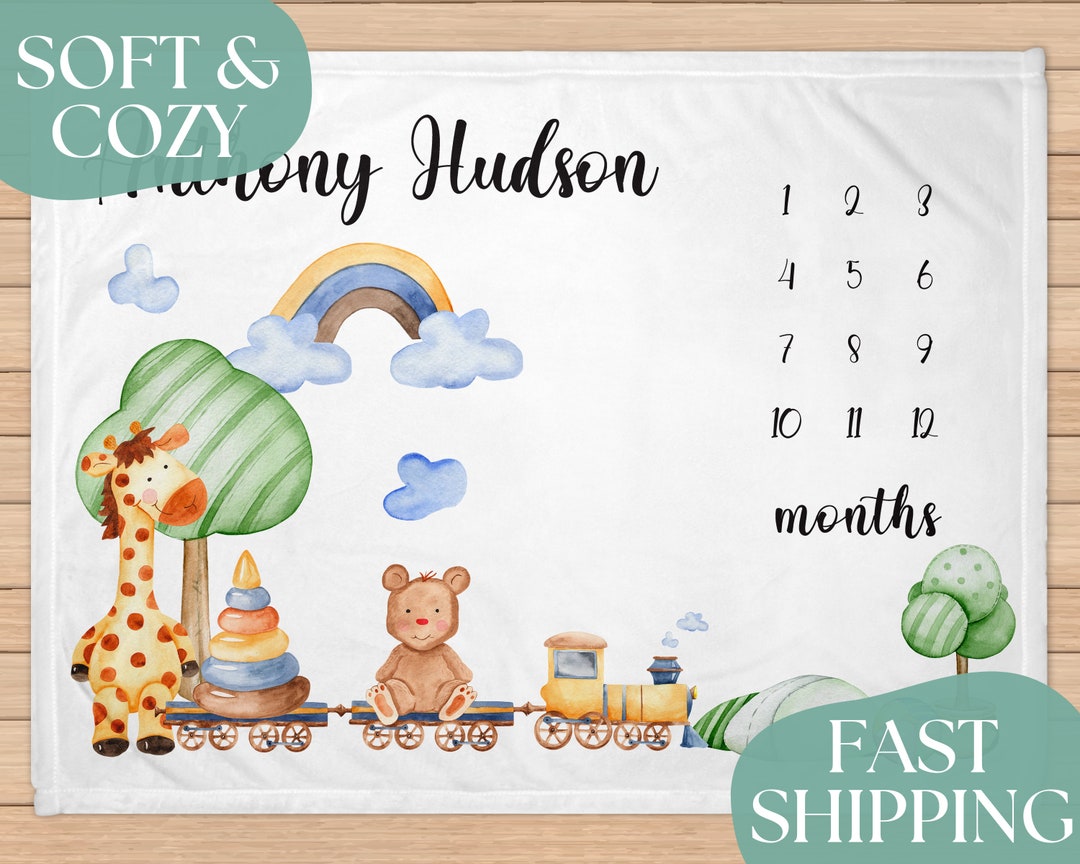 Train Baby Milestone Blanket, Custom Adventure Blanket, Train Baby Boy