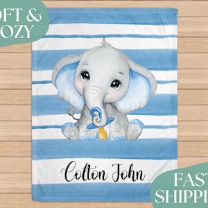 Blue Striped Elephant Baby Blanket - Boy Personalized Baby Blanket - Baby Shower Gift with Name BL-175