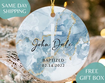 Personalized Baptism Ornament - Name + Date Custom Baptized Ornament - Blue Watercolor Christened Ornament Keepsake K-038