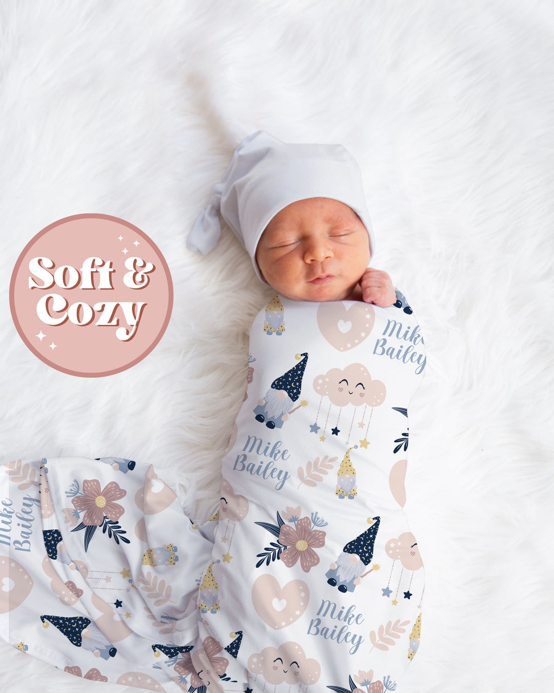 Custom Cute Sleepy Gnome Swaddle Blanket With Name for Baby Etsy