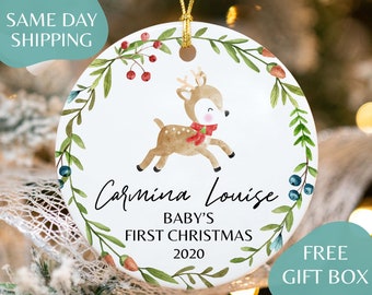 Babys First Xmas Ornament 2024 - Babys First Christmas Reindeer Ornament for Baby with Name and Date - Personalized Baby&#39;s 1st Gift K-103