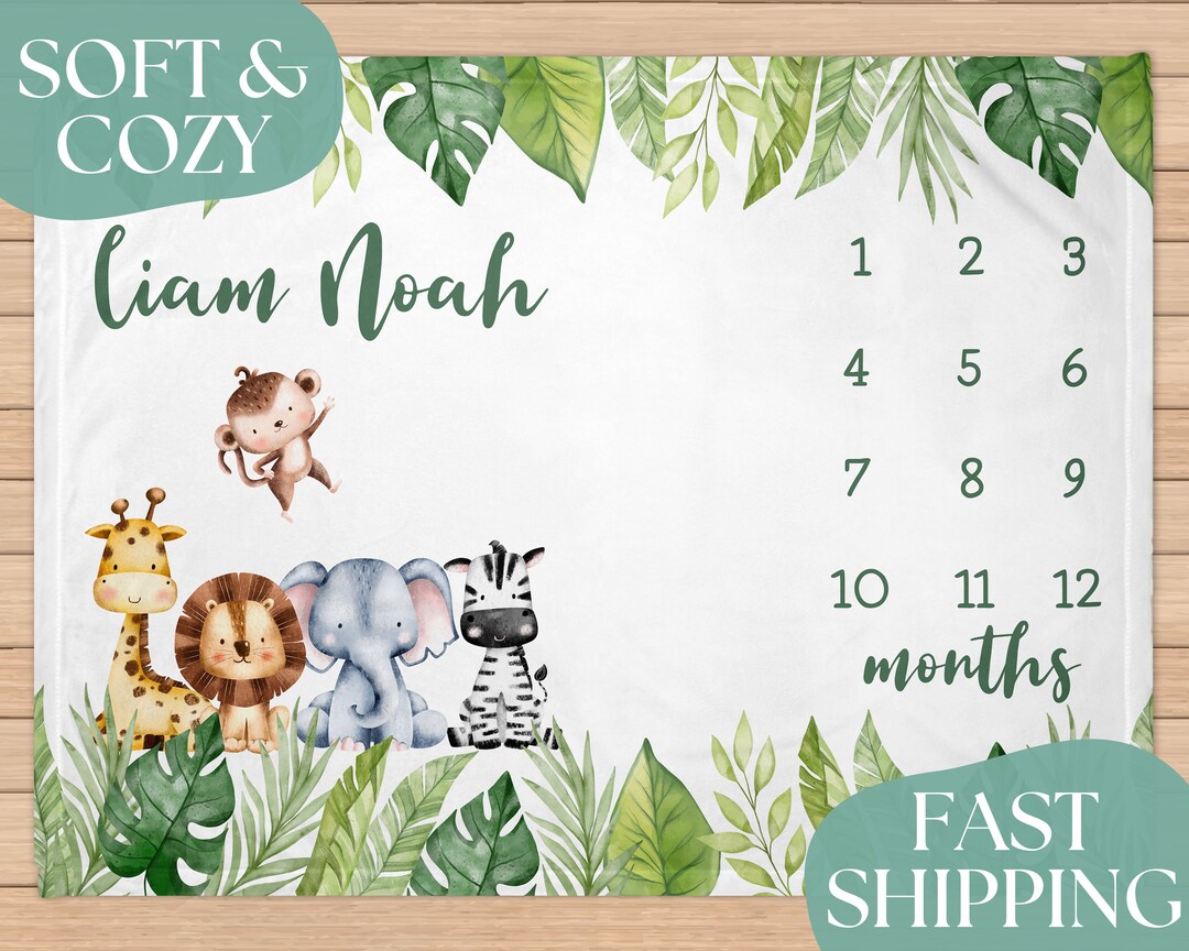 Safari Animal Milestone Blanket Boy, Monthly Photos Blanket, Baby Boy ...
