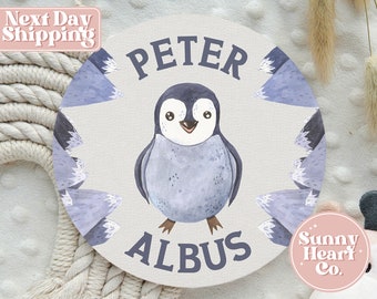 Personalized Cute Penguin Baby Name Round Wood Sign - Winter Theme Newborn Name Announcement - Penguin Birthday Party Name Sign BS-166