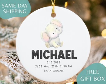 Baby’s First Christmas Ornament - Personalized Elephant First Christmas Ornament - Custom Baby Stats Ornament - Baby Ornament R-139