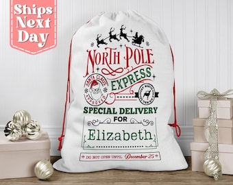 North Pole Express Delivery Custom Santa Sack - Christmas Gift Bag - North Pole Reindeer Sack - Santa Claus Bag - Christmas Gift Bag SS-073