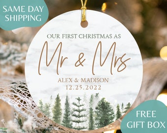 First Christmas Married Ornament - Mr and Mrs Sprig Christmas Ornament - Our First Christmas Married as Mr and Mrs - Personalized R-003