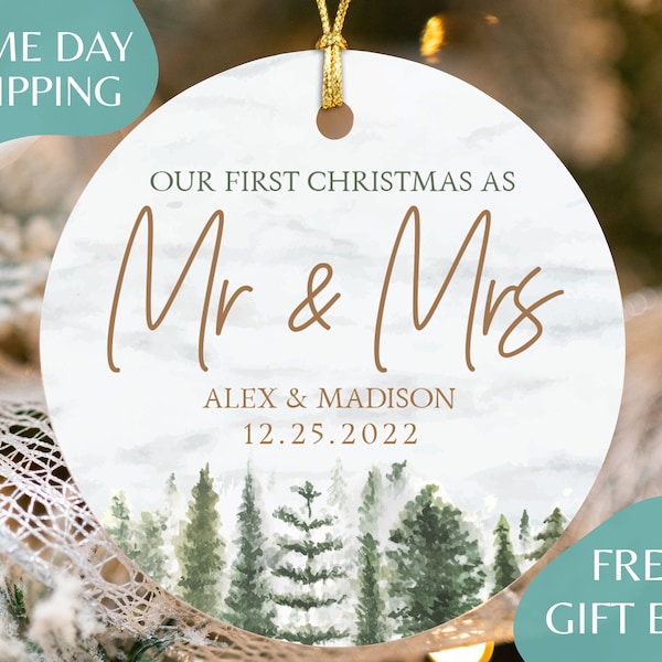 First Christmas Married Ornament - Mr and Mrs Sprig Christmas Ornament - Our First Christmas Married as Mr and Mrs - Personalized R-003