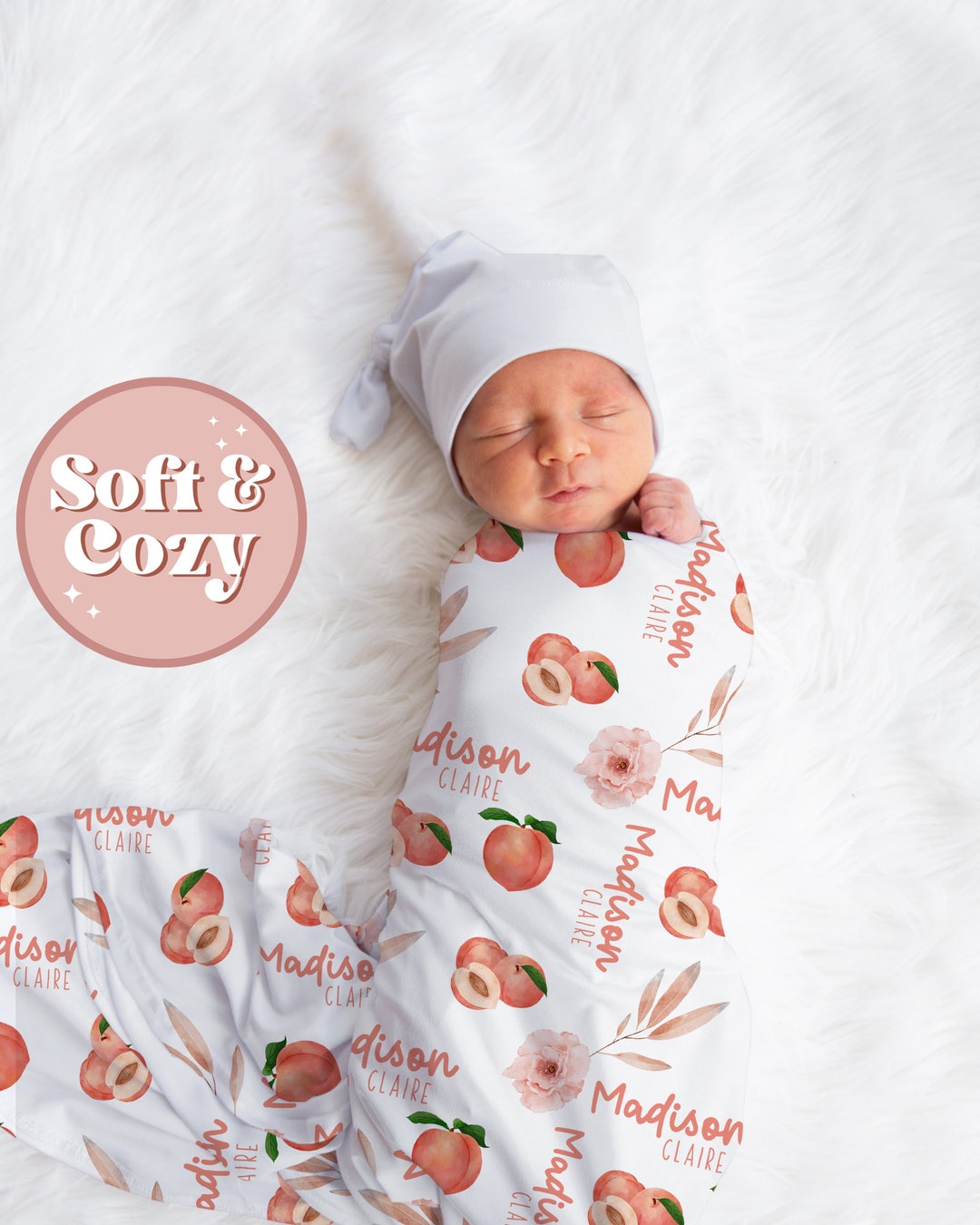 Peaches Swaddle Set, Personalized Baby Blanket, Peaches Swaddle Blanket