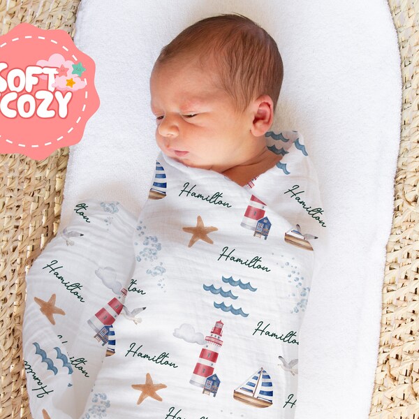 Grey Nautical Dream Whale & Boat-Print Baby Blanket & Wrapping Shawl (30″×32″) – Soft Muslin Swaddle main image 0
