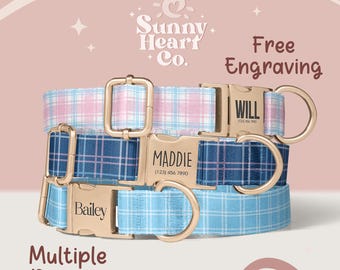 May include: Three dog collars with gold-colored buckles and D-rings. The collars are in blue, pink, and blue plaid patterns. The collars have names engraved on the buckles. The text "Free Engraving" and "Multiple Designs" are also visible.