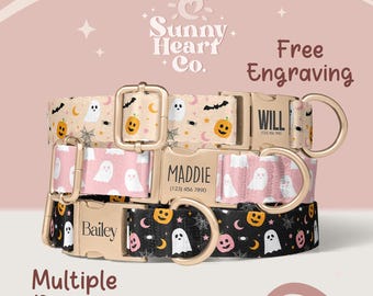 May include: Three Halloween-themed dog collars with gold-colored buckles. The collars feature patterns of ghosts, pumpkins, bats, and spiderwebs. The text "Sunny Heart Co." and "Free Engraving" are visible. The collars are personalized with names and phone numbers.