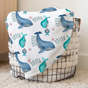 Whales Boy, Girl Blanket - Sea Creatures Newborn Blanket With Name - Whales Nursery Theme - Boho Baby Blanket S-234