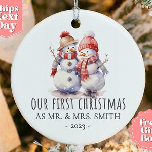 Personalized Mr and Mrs Christmas 2024 Ornament - Snowmen Ornament - Our First Christmas Married - Personalized Couples Ornament OR-0289